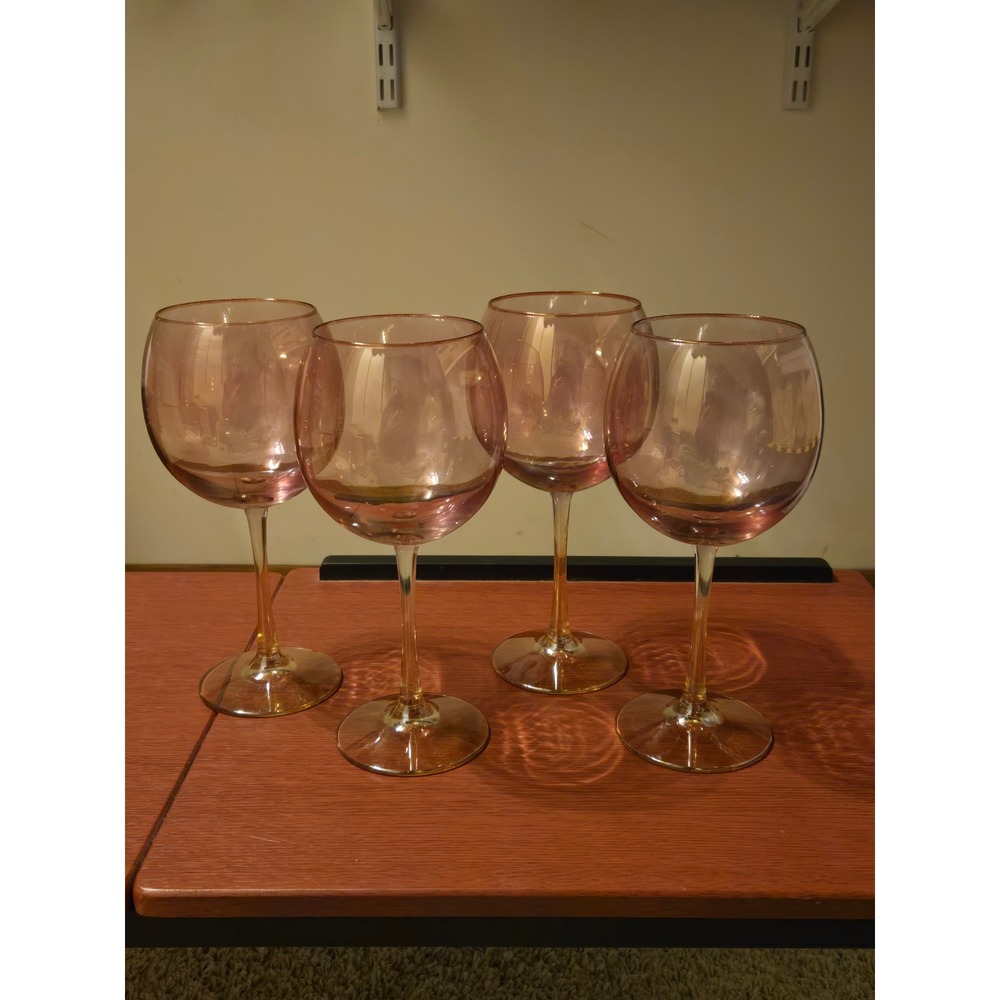 Set of 4 Pink Iridescent Luster Wine Glasses Balloon Stemware Glassware